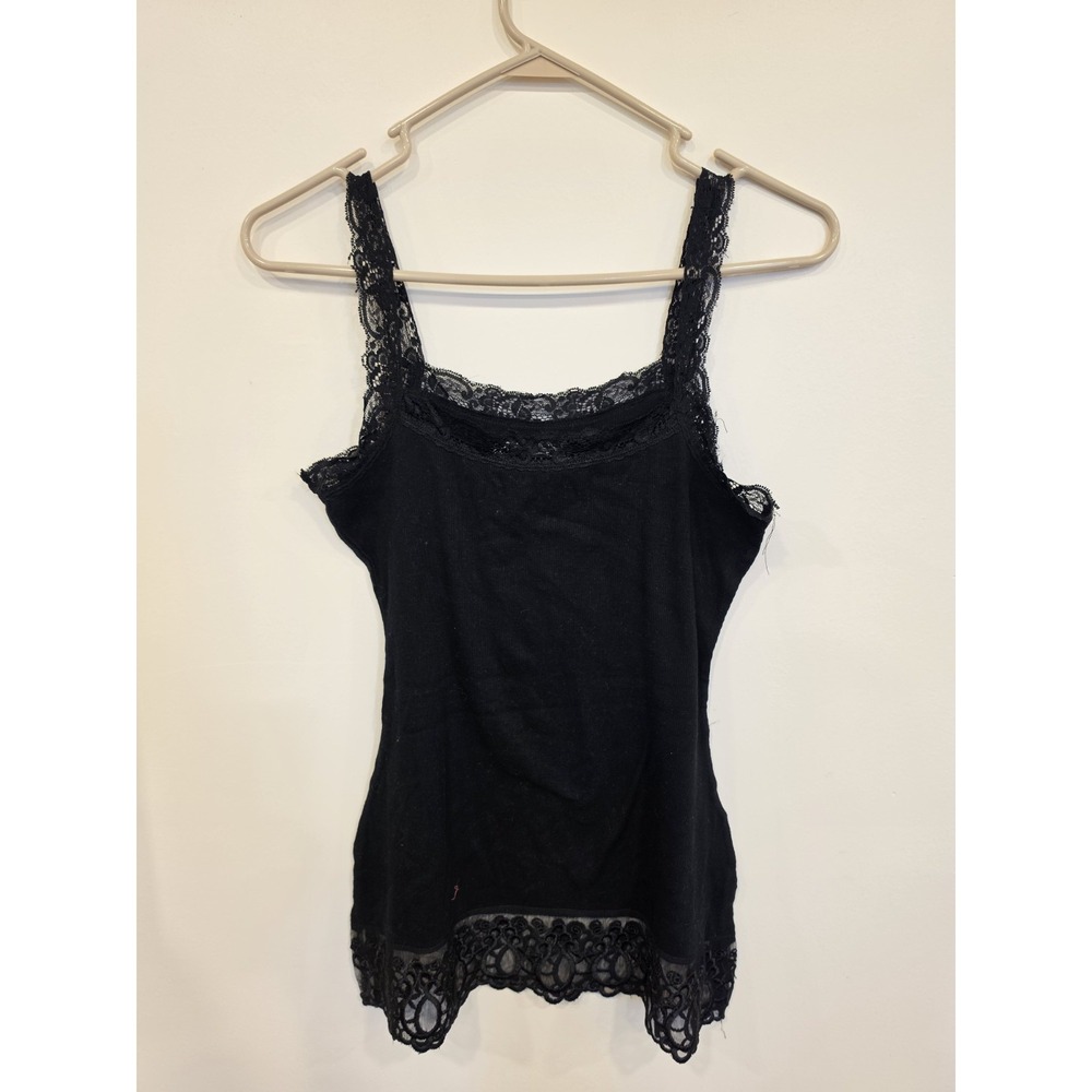 Vintage Y2K Vanity Sz LG Wide Lace Trim Ribbed Tank Top Black Grunge Layering